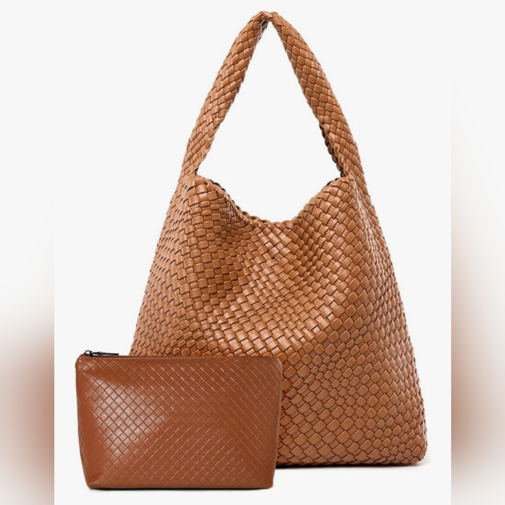 Cognac Woven Leather Tote Set with Braided Strap- NWOT